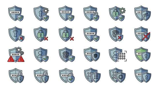 Collection of colorful shield icons with various symbols.