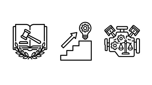 Legal knowledge and professional growth engine icons with knowledge education development lightbulb innovation mechanic business professional strategy advancement improvement technical
