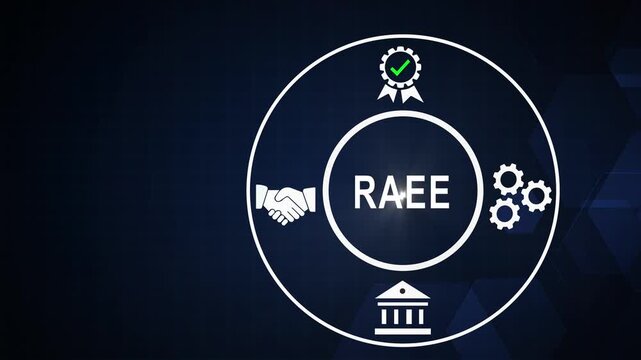 Raee concept motion with business handshake, and gear symbols for corporate strategy, compliance, and development presentations