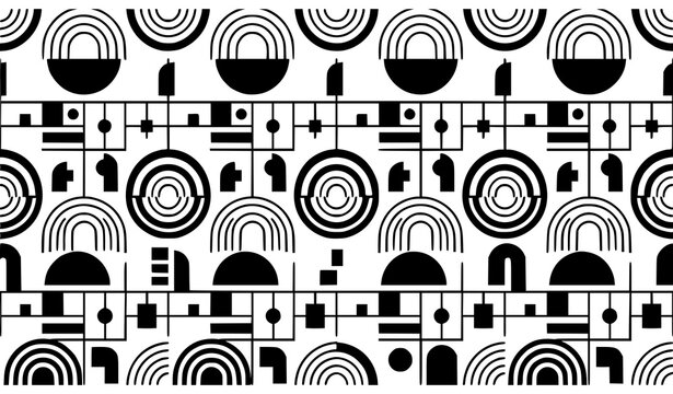 Seamless Bauhaus semi circle geometric pattern beige black abstract vector for home decor and textiles