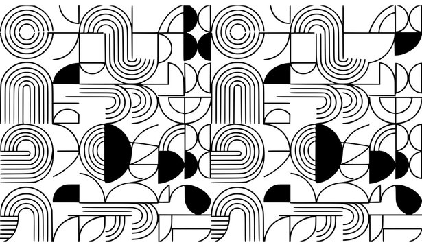 Retro Bauhaus semi circle outline pattern black and beige seamless geometric vector background