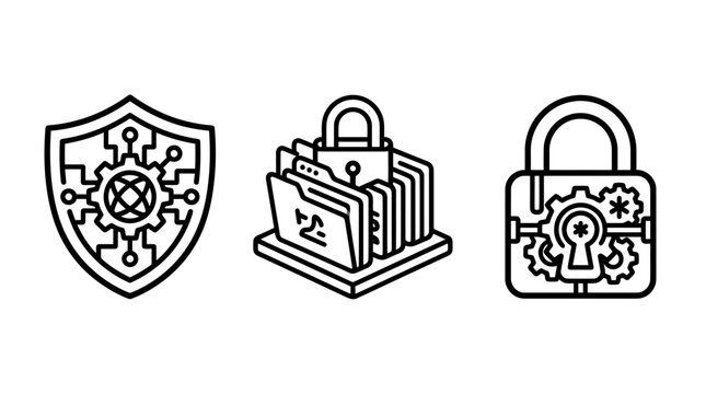 Secure data management and digital file storage icons featuring encryption file folder protection locked systems security management encryption cybersecurity technology protection internet
