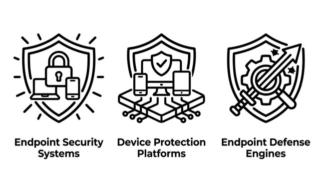 Endpoint security and device protection systems icons with endpoint security protection cybersecurity technology computer software information platform prevention business infrastructure