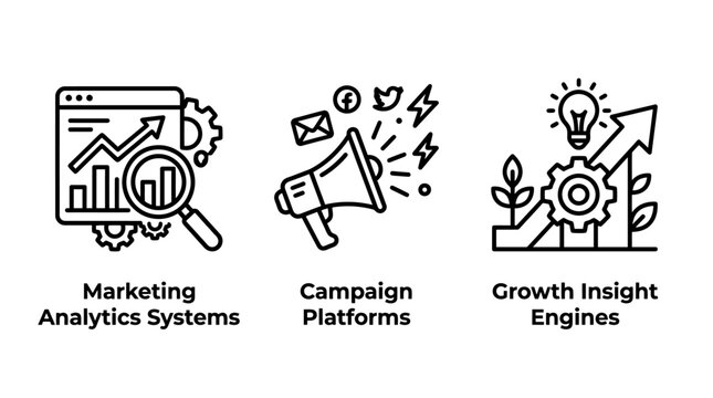 Marketing analytics and campaign growth strategy icons with marketing analytics campaign business strategy management advertising megaphone magnifying development innovation technology