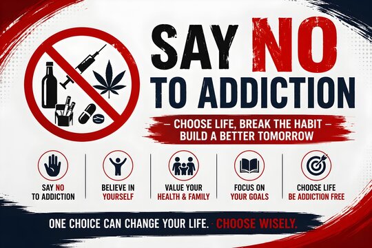 Anti addiction awareness banner with prohibition sign and healthy lifestyle icons