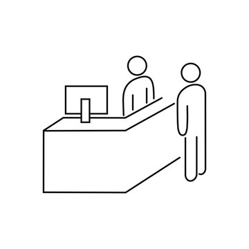 Reception desk line icon. Modern reception desk line icon featuring a customer service counter with receptionist, computer monitor, and visitor.