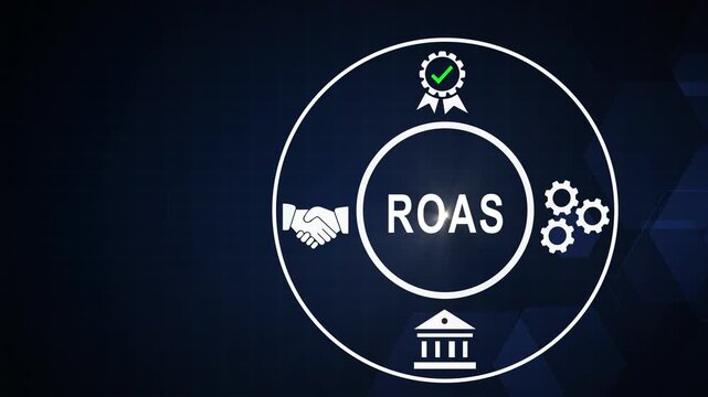 Roas return on ad spend concept with business and digital marketing analytics infographic animation on dark blue background