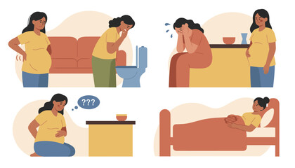 Fototapeta premium Pregnant women experiencing common health issues such as back pain, morning sickness, headache, and fatigue.