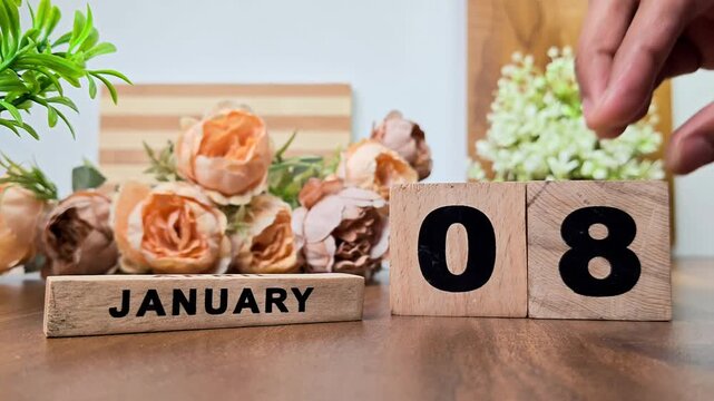 Hand placing wooden calendar blocks showing january 8 on a wooden table
