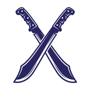 Two crossed machetes with dark blue outlines on a white background, sharp blades for jungle clearing and agricultural work, style for outdoor tools, simple flat for t-shirt poster
