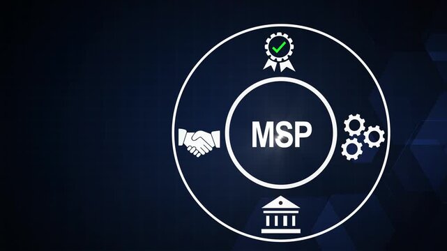Managed service provider msp concept animation with business handshake, and gear symbols for corporate it solutions and services
