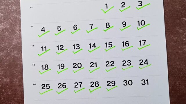 Hand putting green checkmark on calendar date 29. Goal achievement, success and task completion concept