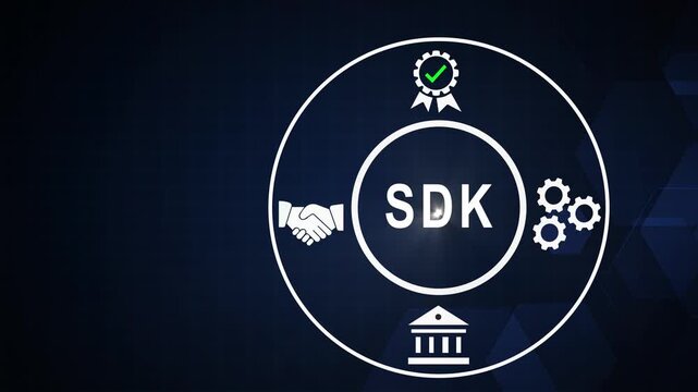 Sdk software development kit concept with digital handshake, and gear for tech business and programming solutions animation