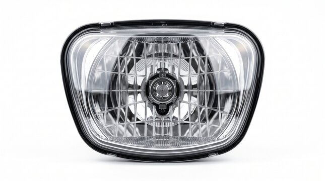 Ultra-realistic studio product photograph of a universal rectangular motorcycle headlight featuring a clear polycarbonate lens, precision chrome reflector, and durable black housing