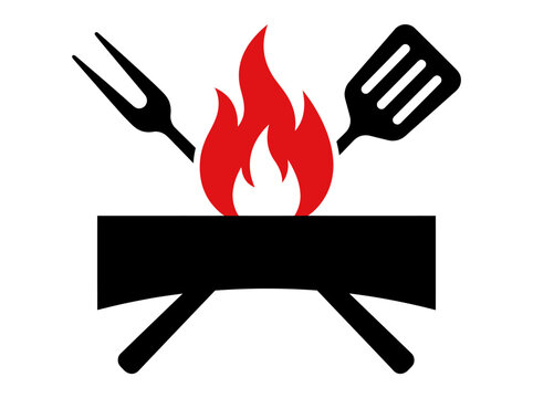 Barbecue Grill Icon with Red Fire Spatula and Fork Vector