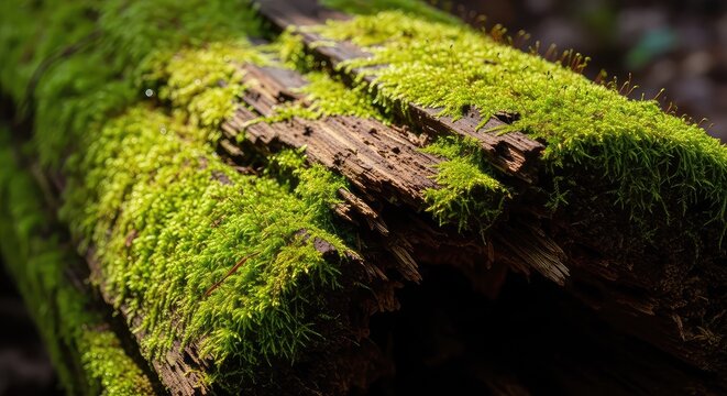 A close-up shot of a fallen decaying log covered in vibrant green moss within a deep forest, showing intricate textures and morning dew, damp, summer, roots