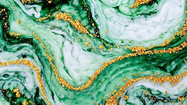 Abstract green and white swirls with gold sparkles