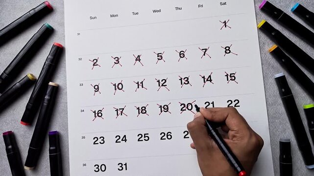 Flat lay of hand crossing out date 20 on calendar. Time passing concept