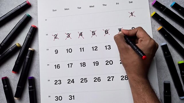 Flat lay of hand crossing out date 7 on calendar. Time passing concept