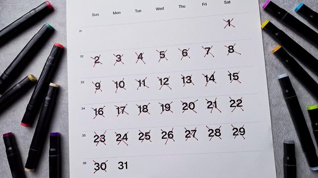 Flat lay of hand crossing out date 30 on calendar. Time passing concept