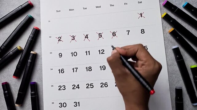 Flat lay of hand crossing out date 6 on calendar. Time passing concept