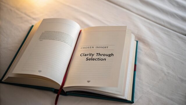 Open Book with Blank Pages and Inspirational Text on Clarity Through Selection on Soft Bed Linen