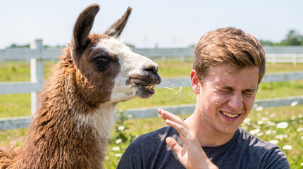 Fototapeta premium Llama spitting on young man at outdoor farm