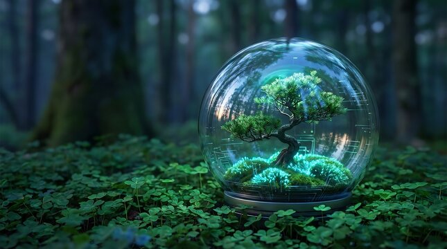 glowing tree in glass globe on white not present, forest background