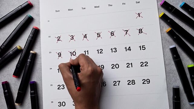 Flat lay of hand crossing out date 10 on calendar. Time passing concept