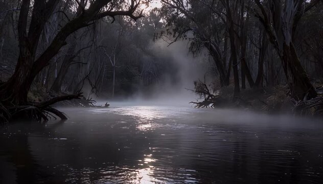 Foggy river dark forest misty water spooky trees scary swamp horror atmosphere eerie landscape creepy nature dark mood haunted woods misty river foggy forest dark tree dawn light eerie atmosphere