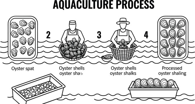Aquaculture process infographic vector showing step by step oyster farming and seafood cultivation by local fishermen
