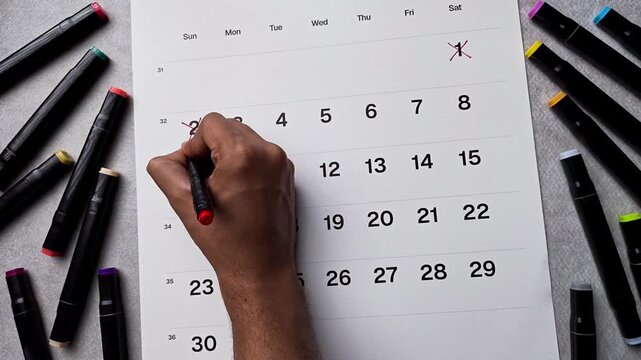 Flat lay of hand crossing out date 2 on calendar. Time passing concept
