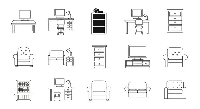 Collection Of Minimalist Home Office Furniture Icons.