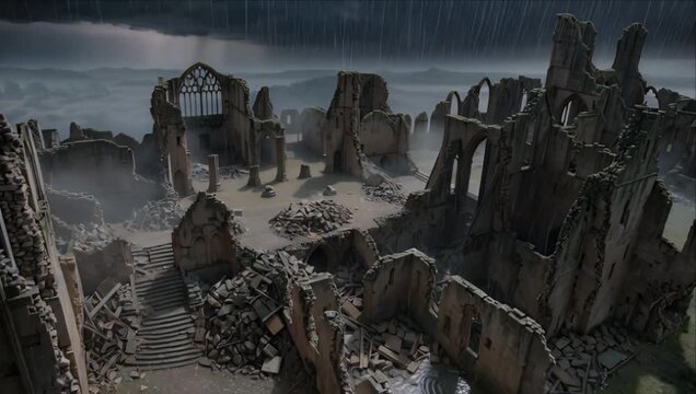 Gothic ruin night storm horror atmosphere with ancient stone castle walls arches stairs and dark sky rain lightning thunder fog smoke creating spooky medieval abandoned place mood