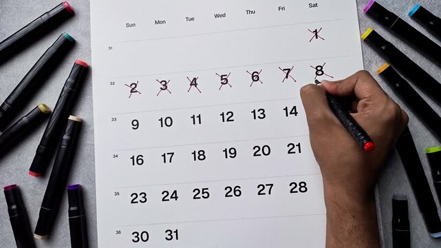 Flat lay of hand crossing out date 8 on calendar. Time passing concept