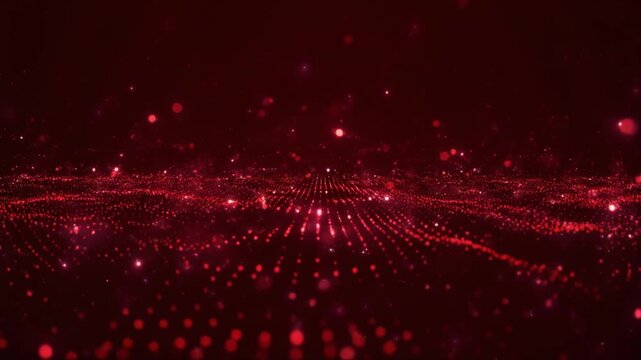 Ruby red luminous particles float through deep velvet black background with metallic highlights, volumetric lighting and cinematic depth, creating elegant luxury branding atmosphere with copy space.