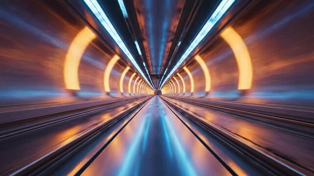 Futuristic transportation tunnel with glowing neon lights and motion blur