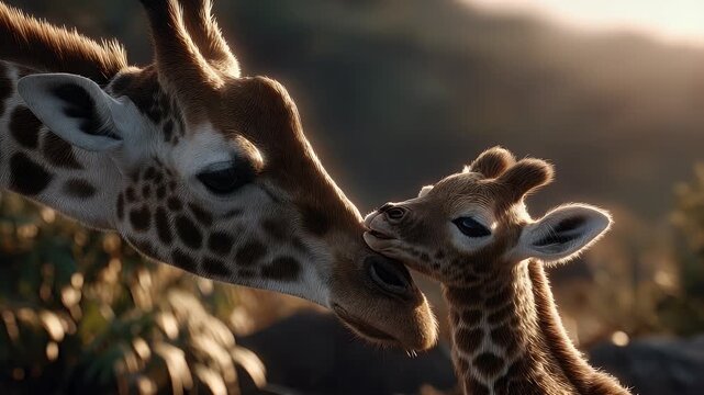 Gentle animal portrait adult and young giraffe together soft natural light african savanna concept