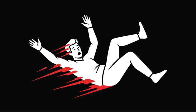 Stylized graphic illustration of a man falling backwards in the dark with dynamic red motion lines.