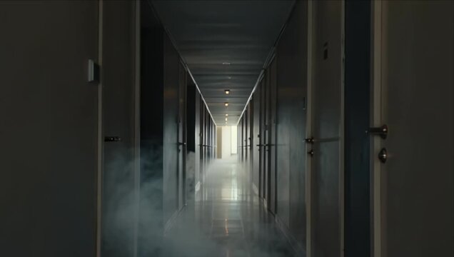 Dark corridor horror atmosphere smoke hallway door light mysterious creepy modern empty corridor with smoke on glossy floor reflecting eerie mysterious atmosphere in dark hotel interior