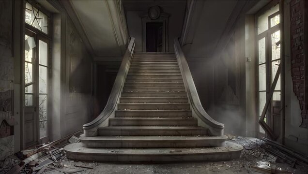 Abandoned mansion staircase horror atmosphere eerie corridor and haunted hallway in decayed interior with dust light beams broken glass cracked wall spooky entrance lobby