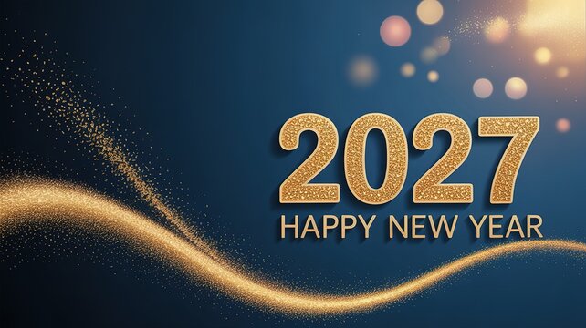 Luxurious 2027 new year greeting design with glittering gold typography shimmering dust trails and soft bokeh accents on deep navy backdrop for festive cards banners and digital invites