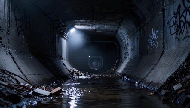 Dark tunnel underground sewer wet concrete moody lighting urban decay graffiti wall water reflection abandoned place eerie atmosphere mysterious passage horror atmosphere creepy mood cinematic light