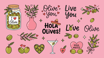 Collection of cute cartoon olive illustrations with various expressions and phrases on a pink background © Shawon