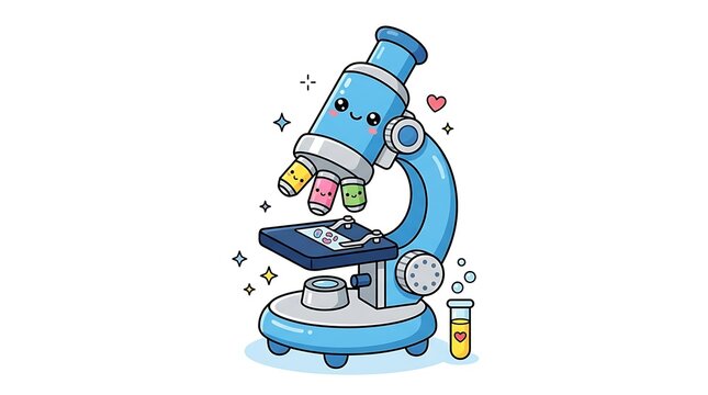 Cute kawaii microscope illustration for science lab and back to school art class supplies vector set on white background