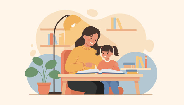 Loving mother reading an interesting book to her young daughter under the warm light of a floor lamp at home.