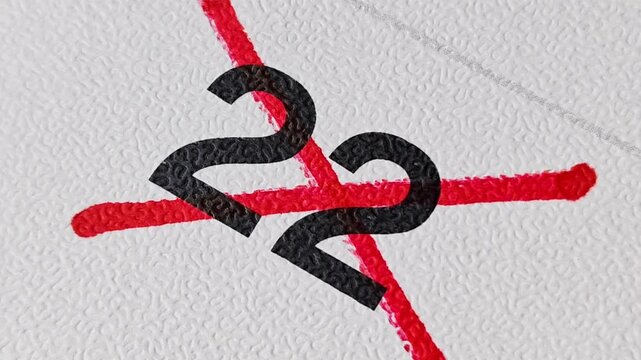 Crossing out number 22 on calendar with red marker. Concept of cancellation or completion