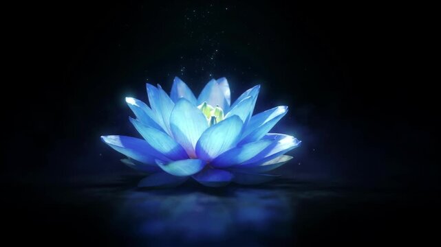 Glowing Blue Lotus Flower Blooming in Dark Ethereal Water with Sparkling Magical Light
