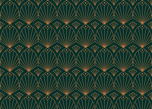 Luxury art deco seamless pattern background, gold geometric line on dark green backdrop
