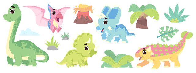 Cute Herbivorous Dinosaur Illustration Set with Hand Drawn Style Featuring Brontosaurus, Triceratops, Styracosaurus, Ankylosaurus and Pteranodon for Kids Nursery © ozy